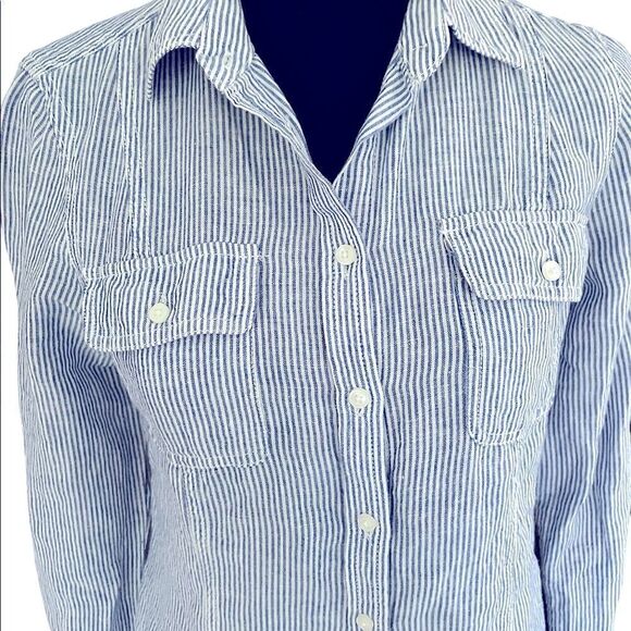 KENAR button front linen blend striped shirt with tab button sleeves, size XS - Picture 2 of 8